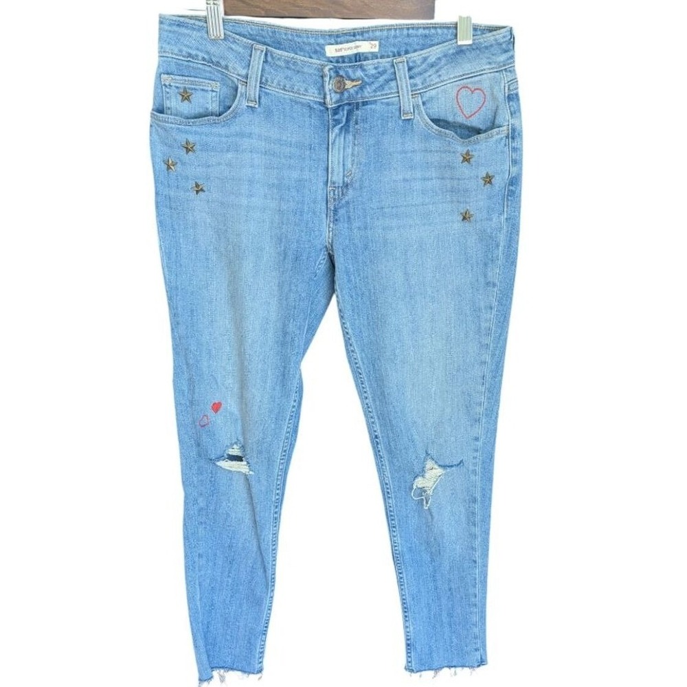 Levis 535 Super Skinny Blue Star Heart Embellished Distressed Denim 29 Festival